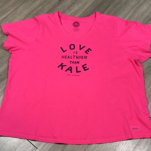 Life is Good “Love is Healthier than Kale” Pink V-Neck Screen Print T-Shirt - Picture 5 of 10
